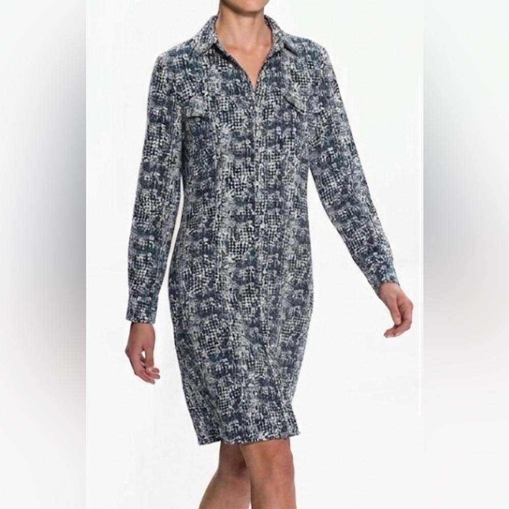 NY Collection Petite Blue Black Abstract Print Button Front Shirt Dress PXL